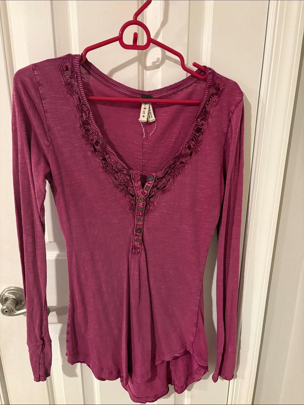 We The Free Magenta Lace-Trim Henley Long Sleeve Top